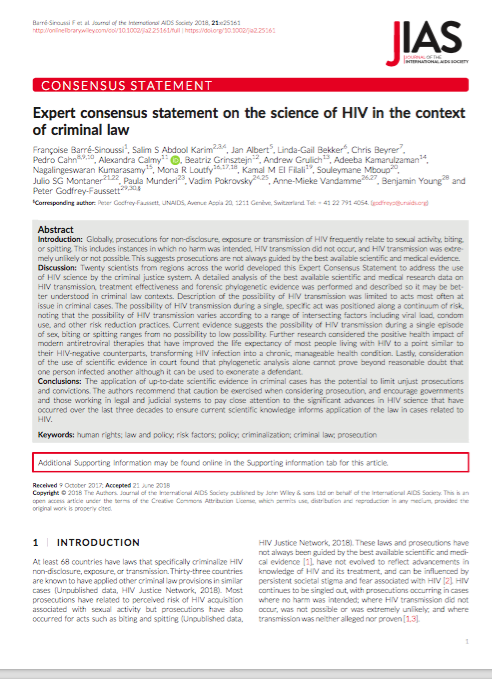 Expert consensus statement on the science of HIV in the context of criminal law