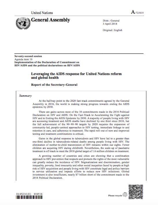 Report of the UN Secretary-General on the Implementation of the Declaration of Commitment on HIV/AIDS and the political declarations on HIV/AIDS